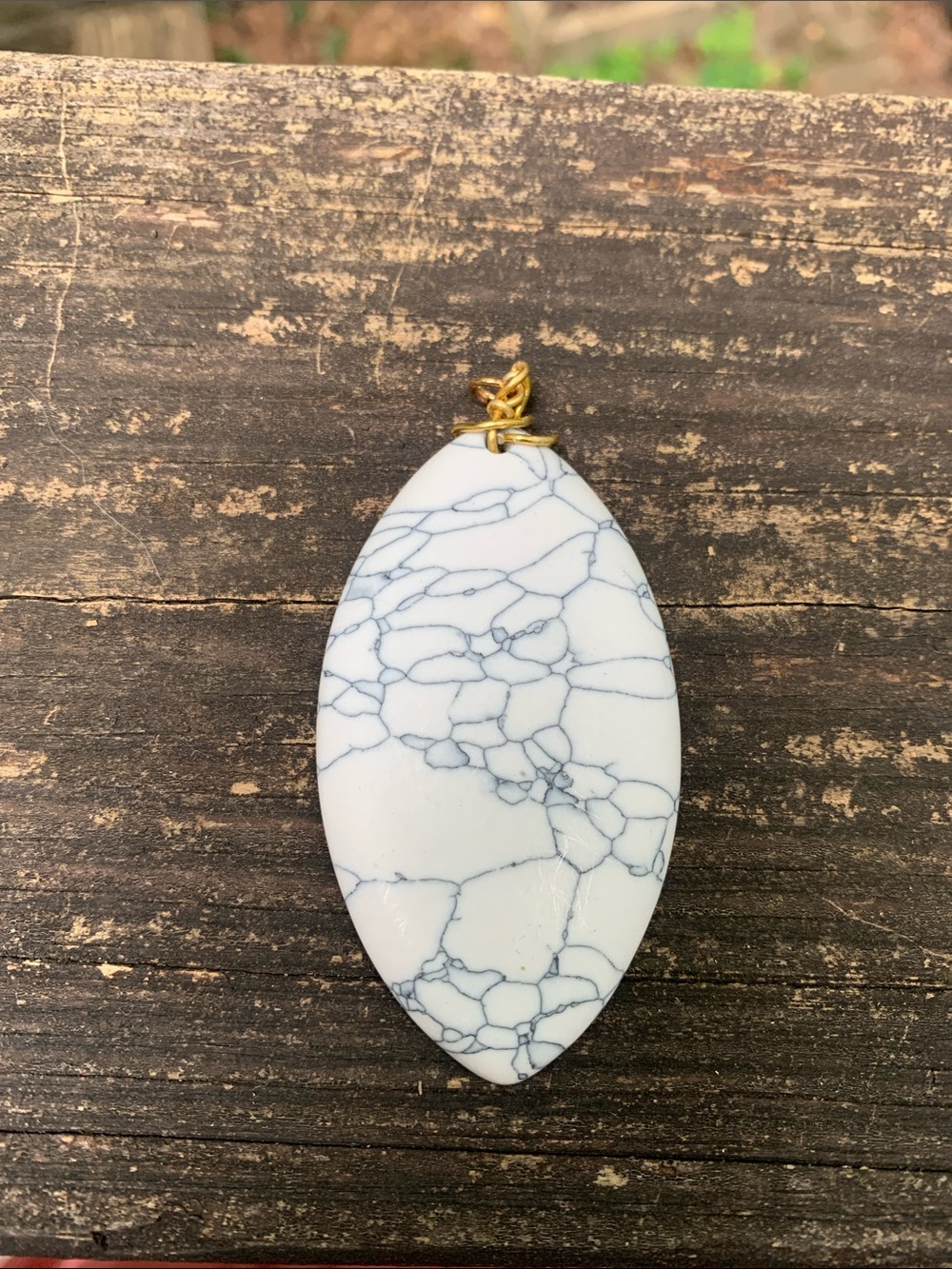 White Howlite Marquise Pendant Necklace with Gold Wire Bail